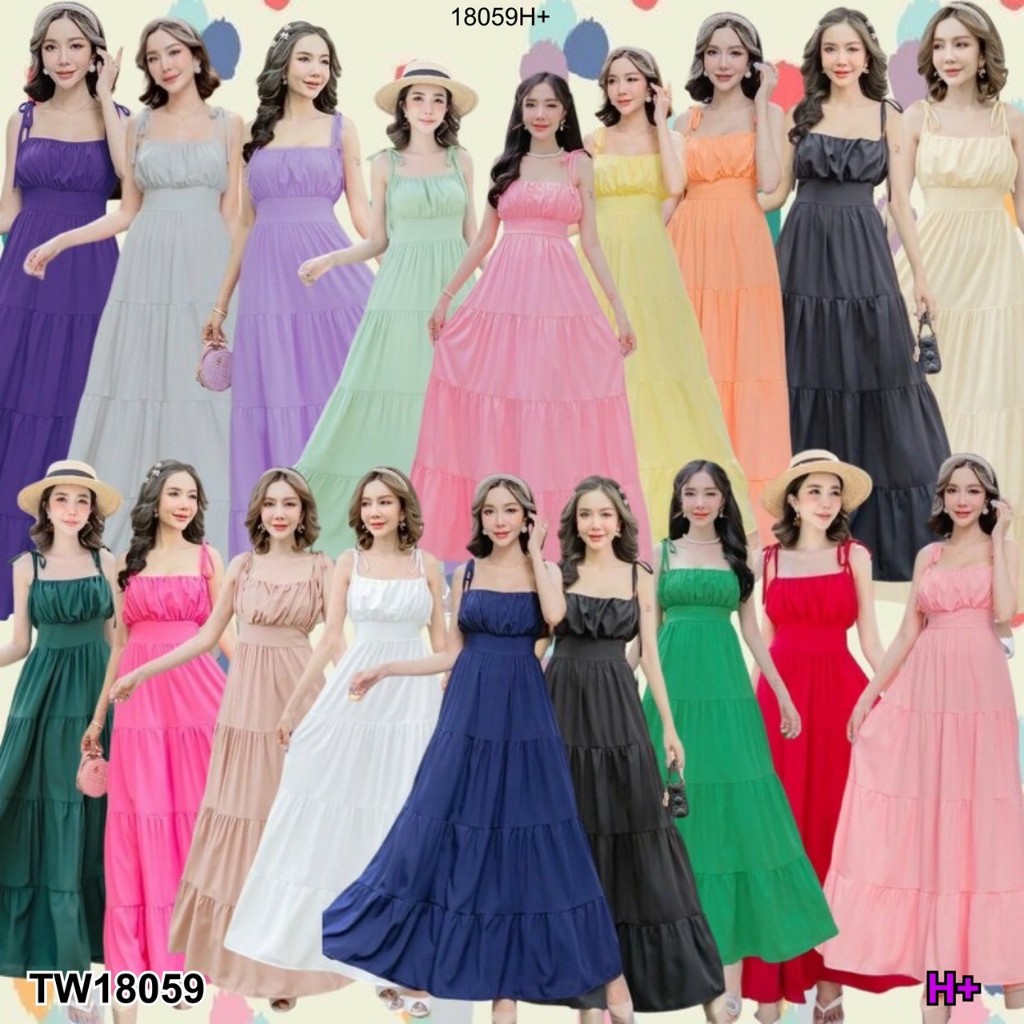 TT18059 แม็กซี่เดรสสายเดี่ยวผูกไหล่ ผุกโบว์ สีพื้น