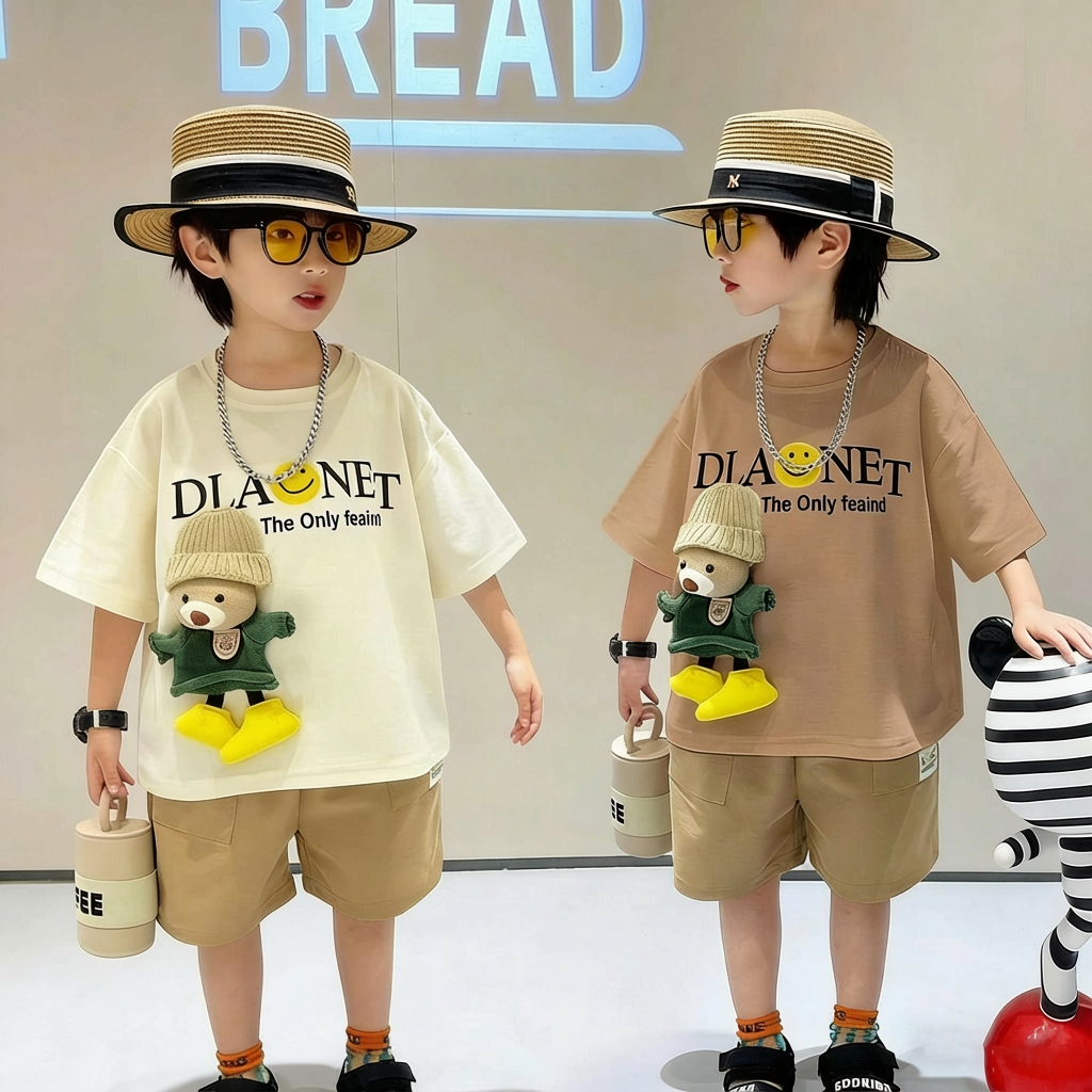 【COD】ชุดเซ็ตเด็กน่ารัก สไตล์มินิมอล เสื้อยืดแขนสั้น+กางเกงขาสั้น สีขาวครีม/น้ำตาล มาพร้อมกับตุ๊กตาหมีน่ารักมากๆ