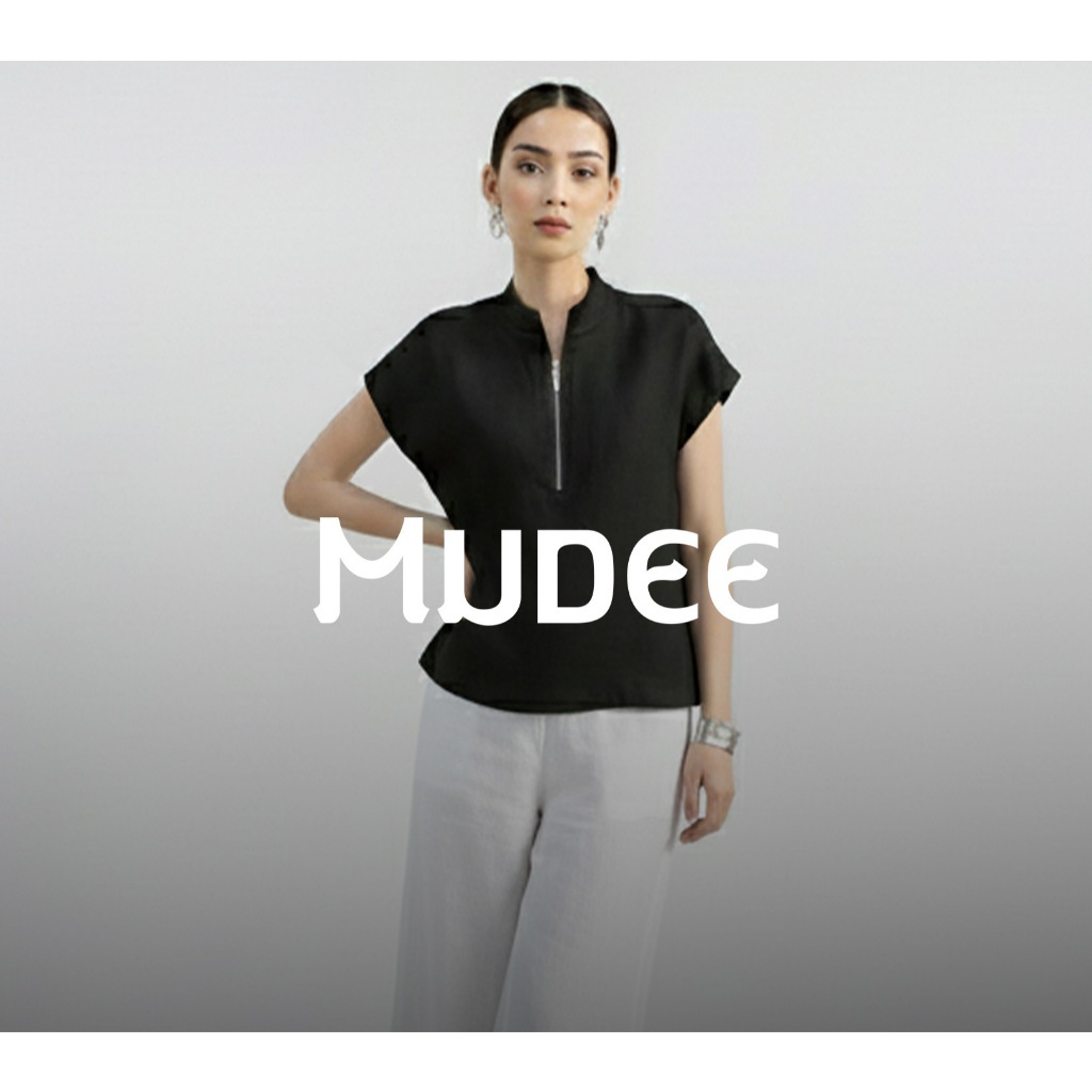 MUDEE เบลาส์ลินินแขนล้ำ แต่งซิปสีเงินที่อก สีดำ
