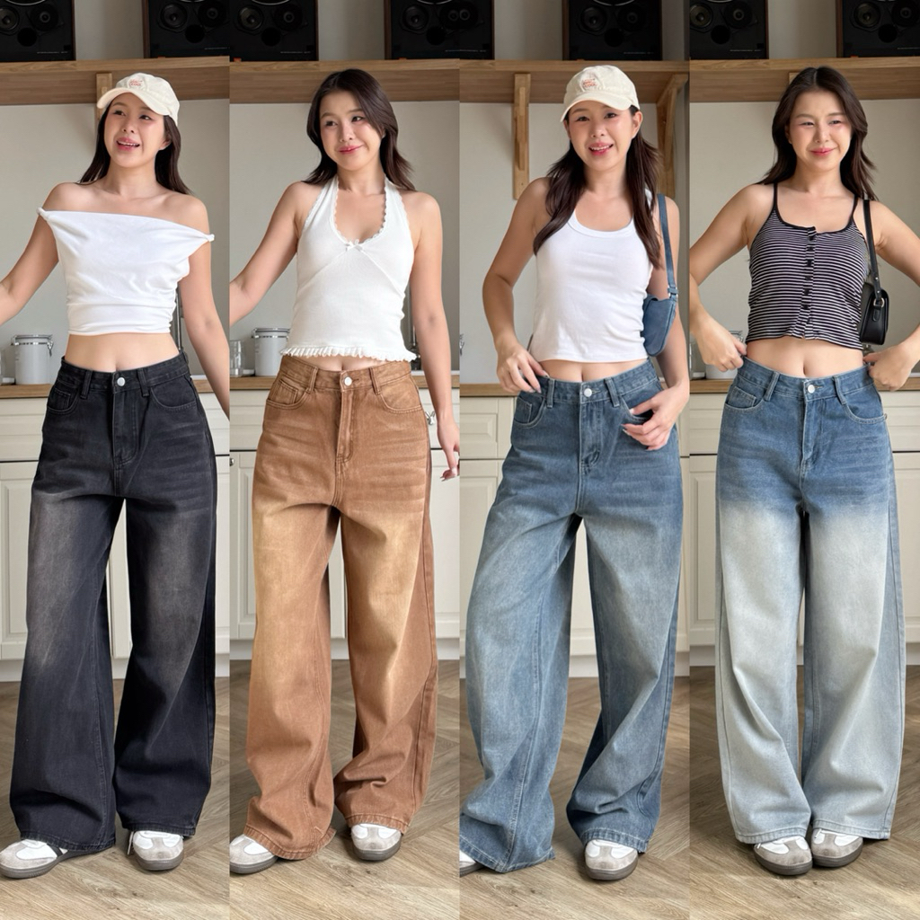 HELLDUL 9908 กางเกงยีนส์ทรงขากว้างแบรนด์เกาหลี ทรงสวยหุ่นปัง ผ้านิ่มใส่สบาย มี4สี7ไซส์   จัดส่งในไทย