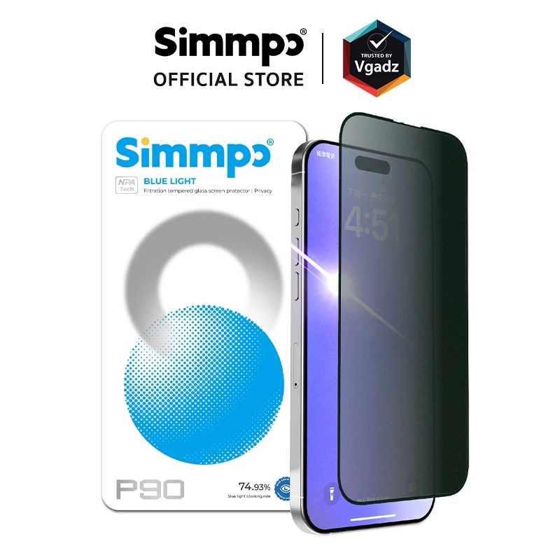 Simmpo ฟิล์มกระจกสำหรับ iPhone 17 / Air / 17 Pro / 17 Pro Max / 16 Pro / 16 Pro Max รุ่น Anti-Blue Light (Privacy)