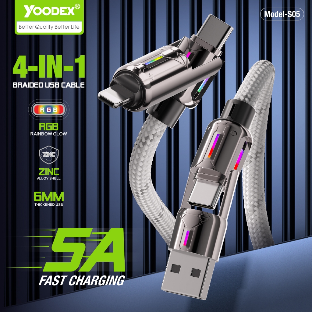 YOODEX สายชาจแบตเร็ว1.3M 60W  4 IN1  ชาร์จเร็วไฟ RGB 5Aแจ้งสถานะ Fast Charge การชาร์จและซิงค์ข้อมูลได้อย่างรวดเร็ว