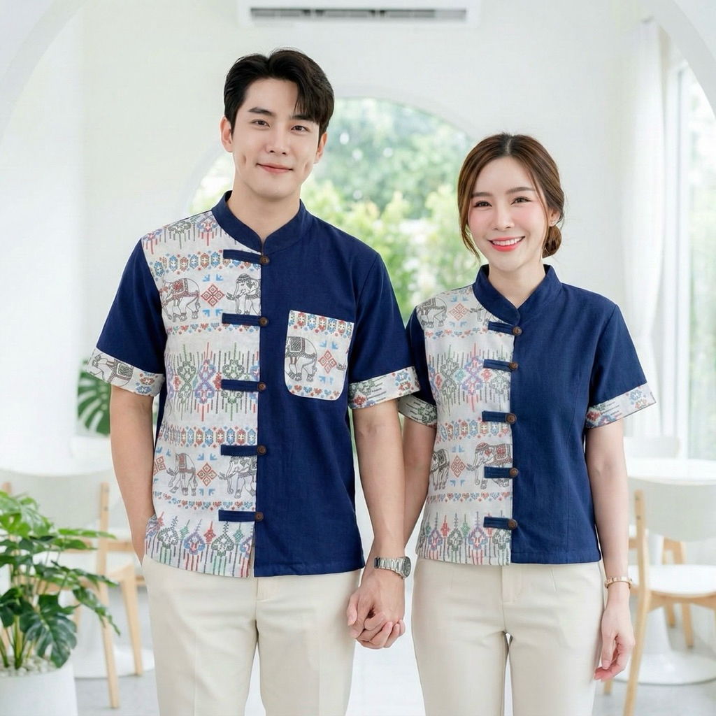 เสื้อพื้นเมืองคู่ ชาย/หญิง ทูโทนลายช้าง มีทั้งผู้ใหญ่และเด็ก