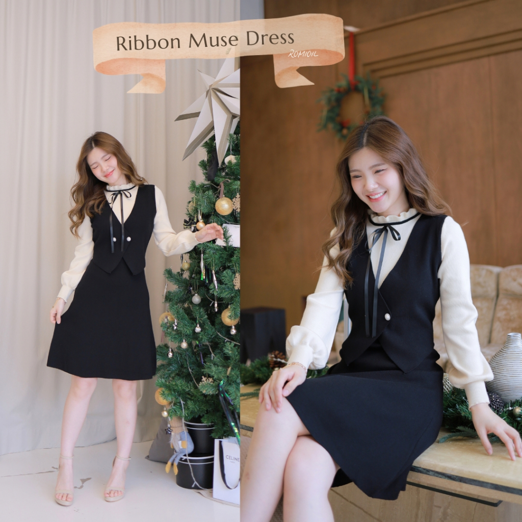 "Romi"Oil" Ribbon Muse Dress (black) G402 ชุดเดรสสีดำ (ไหมพรมผูกคอกั๊กติดกระดุม)