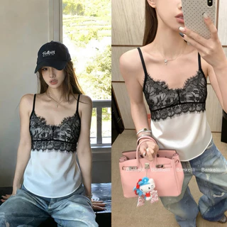 STR พร้อมส่ง💗🎐Silk Topเสื้อสายเดียวลูกไม้ผ้าซาติน เสื้อกล้ามคอวี ดีไซน์เก๋ไก๋ทรงหลวม ดูแพงเซ็กซี่ผู้หญิง สไตล์ฝรั่งเศส