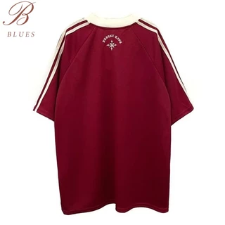 B BLUES เสื้อยืดแขนสั้นคอวีสไตล์ High Street สไตล์อเมริกัน เสื้อคู่ลำลองทรงหลวมพิมพ์ลายย้อนยุค