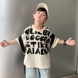 Beryl kids🌸เสื้อยืดเด็กผู้ชาย🎀เสื้อแขนสั้นเด็ก คอกลม ทรงหลวม พิมพ์ลายตัวอักษรลำลอง สไตล์เกาหลี หล่อเท่ ฤดูร้อน