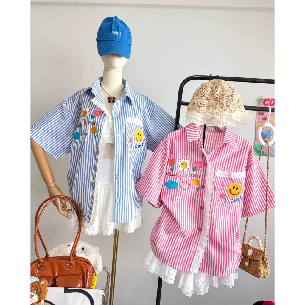(emoji)NEW(emoji)  (emoji) Smiley lace stripe shirt(emoji)  เสื้อเชิ้ตมาใหม่ค่า ตัวนี้น่ารักมากๆเลยน