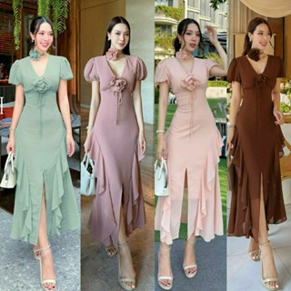 ( S-XL)    NABI  📣พร้อมส่งเดรสแขนสั้นทรงคอวี+สายผูกโบว์ติดดอ…