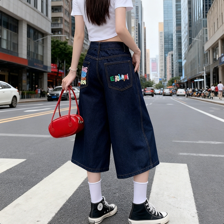 S-6XL กางเกงยีนส์เอวสูง กางเกงกระบอก สไตล์อเมริกา ขากว้าง ขาสั้น7ส่วน เเมชท์ง่าย