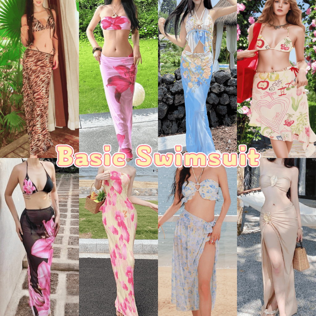 Basic swimsuit สไตล์ใหม่ ชุดว่ายน้ำผู้หญิง ชุดไปทะเล กระโปรงยาว ลายดอกไม้ จัดส่งรวดเร็วจากประเทศไทย COD