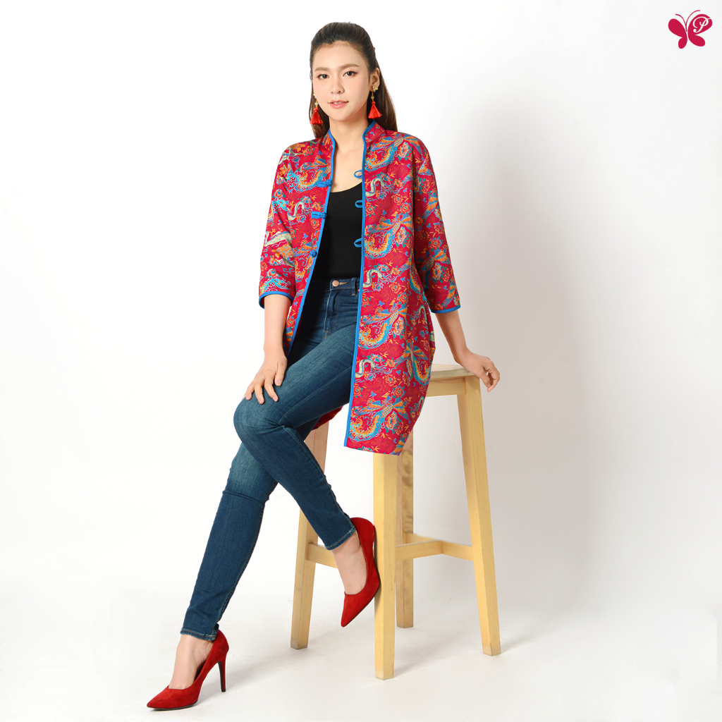 Papillon Woman Long Jacket-LONGFENG แจ็คเก็ตตัวยาวลายมังกรหงส์ ผ้า cotton 100% ทอเนื้อนุ่มเนียน บุผ้ากาวเนื้อนุ่มทั้งตัว - รูปที่ 2