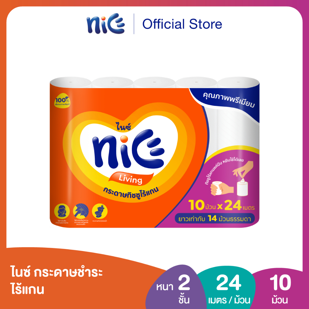 Nice ไนซ์ กระดาษชำระ ไร้แกน ขนาด 10ม้วน (24ม./ม้วน) (ทิชชู่ กระดาษทิชชู่ ทิชชู่ม้วนใหญ่)