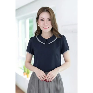 Narinari : MT6610 Point Collar Blouse ผ้าโฟร์เวย์ เสื้อทำงานทรงปกบัวตัดปลายแหลม แขนสั้น แต่งขอบ