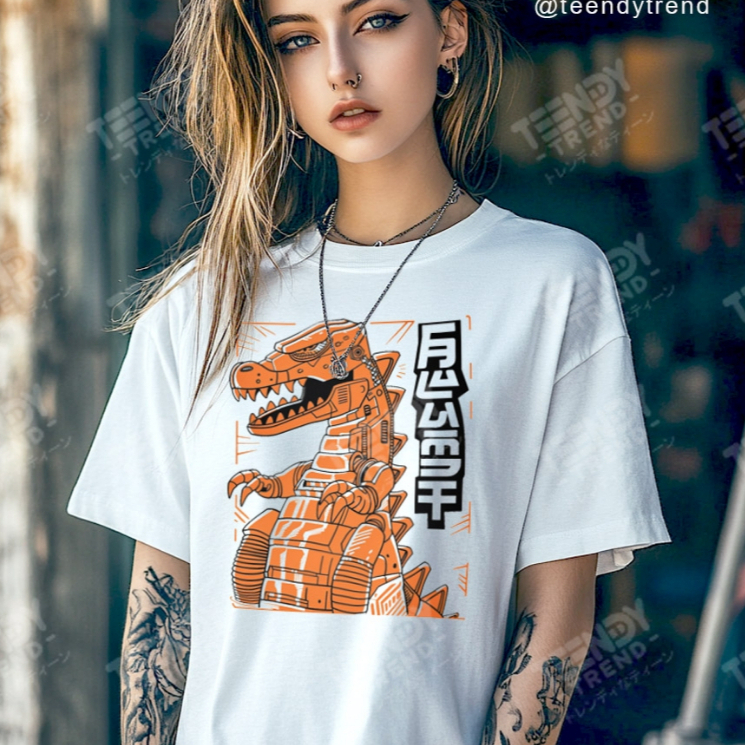 Teendy Trend เสื้อยืดผู้ชาย ผู้หญิง คอตตอน ลายgodzilla สีขาว รุ่นTDX0054-WH