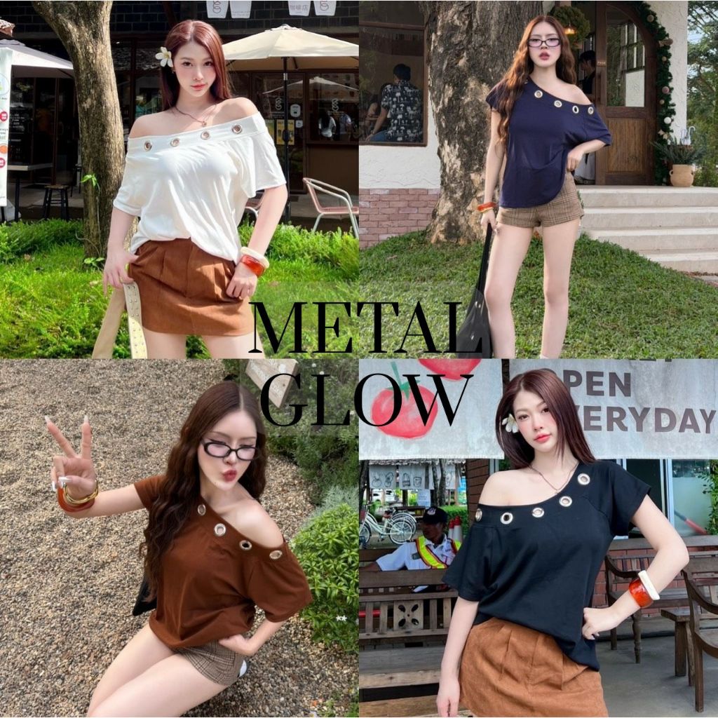 Metal Glow เสื้อครอปปาดไหล่แต่งห่วง เสื้อปาดไหล่ผ้ายืดแต่งห่วง สาวอวบใส่ได้ งานเกาหลี สีขาว Sheeny (S037)