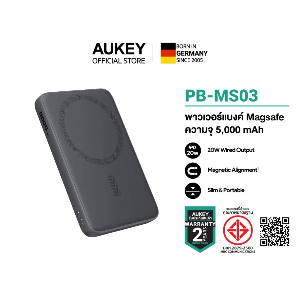 [CCC] AUKEY PB-MS03 5000mAh Qi Magnetic พาวเวอร์แบงค์ไร้สาย Power Bank รองรับ iPhone 17/16/15/14