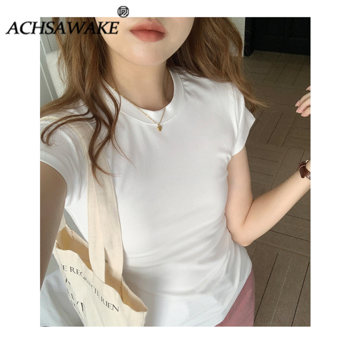 ACHSAWAKE สุภาพสตรีอเมริกันรอบคอไหล่ตรงแขนสั้นเสื้อยืดบางพอดีแสดงความรู้สึกของการออกแบบผอมด้านบน