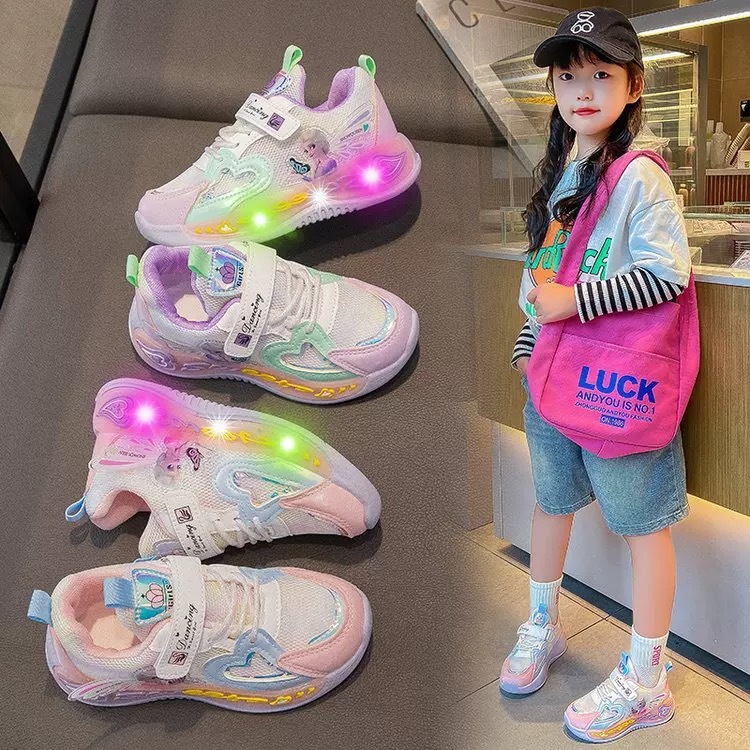 Girl Sports Shoes New Style Princess Kids Mesh Breathable Shoes Bright Comfortable Shoes Cartoon Sof