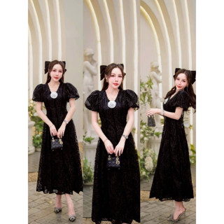 S-4Xl ป้าย Si-am เดรสลูกไม้ยาวมาพร้อมเข็มกลัดดอกสามดีสวยมาก