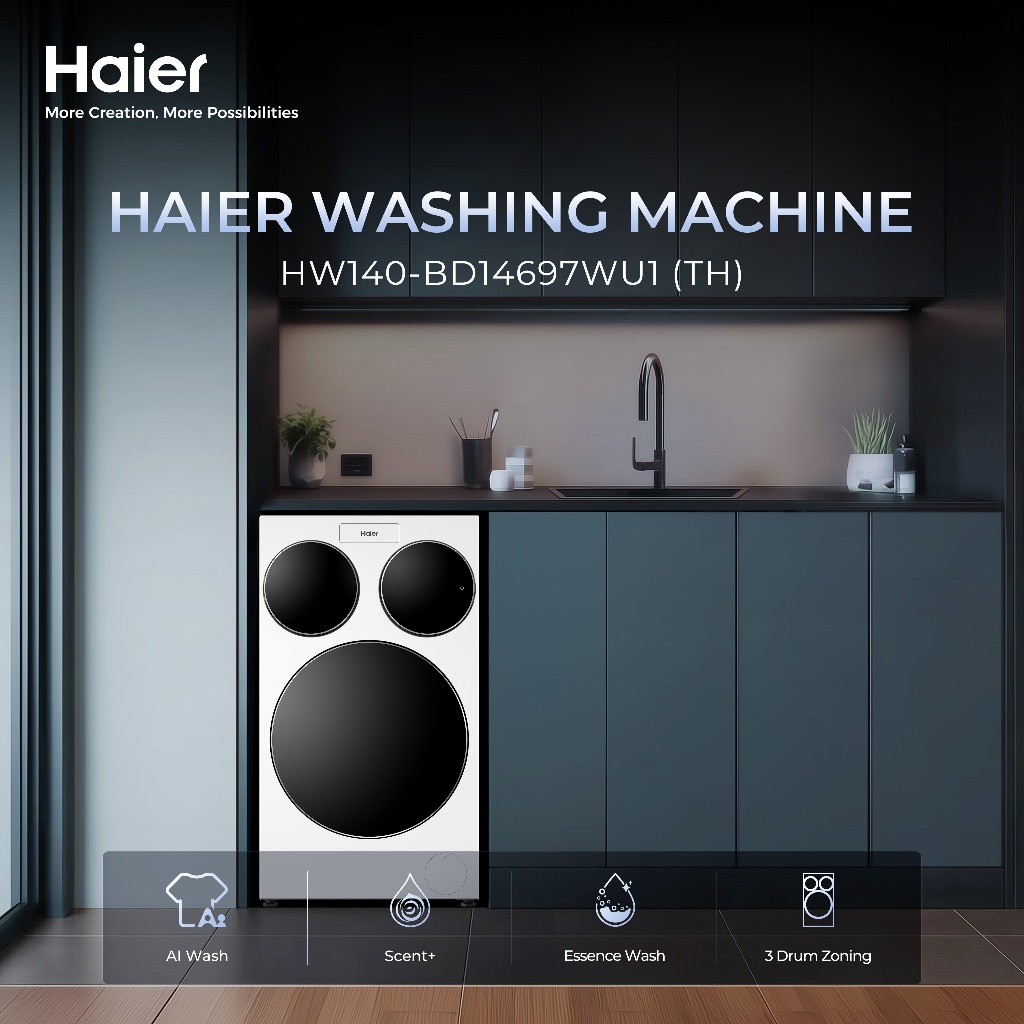 [New2026] Haier เครื่องซักผ้าฝาหน้า3 ถัง รุ่น HW140-BD14697WU1[ถังซักหลัก12KG/ถังซักเล็ก1 KG 2ถัง