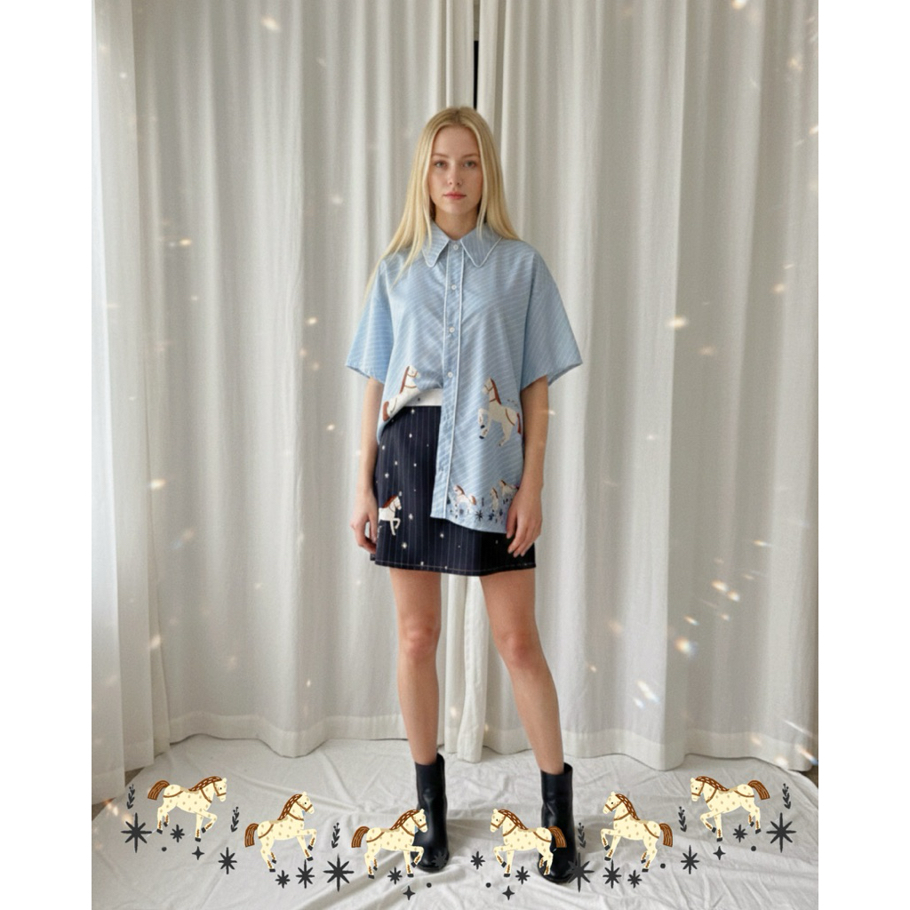 Horse with star เสื้อเชิ้ตสีฟ้าลายม้า ราคา ถูกที่สุด ดีลบีเคเค แกลเลอรีภาพที่ 3