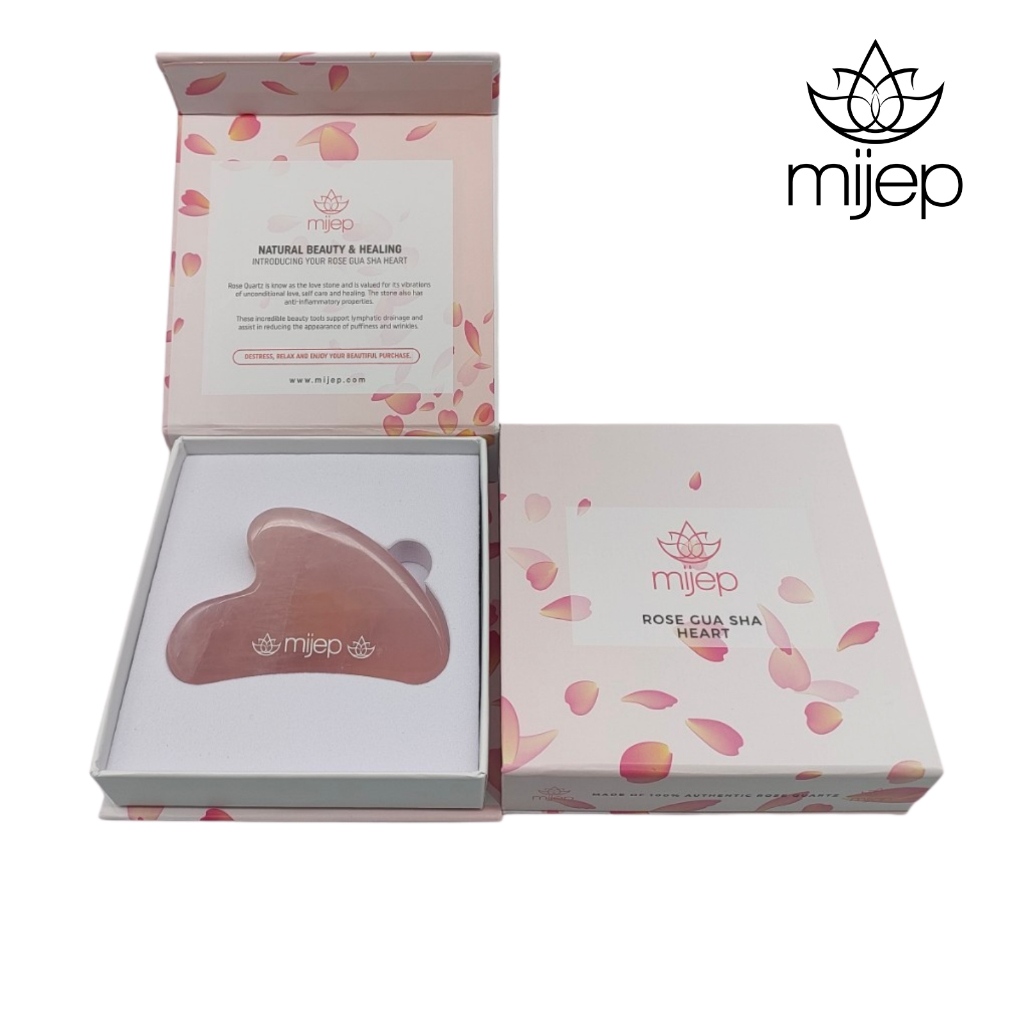 MIJEP กัวซาหินโรสควอตซ์และลูกกลิ้งนวดหน้าหินโรสควอตซ์ ของแท้ 100% Rose Quartz Gua Sha and Rose Quart