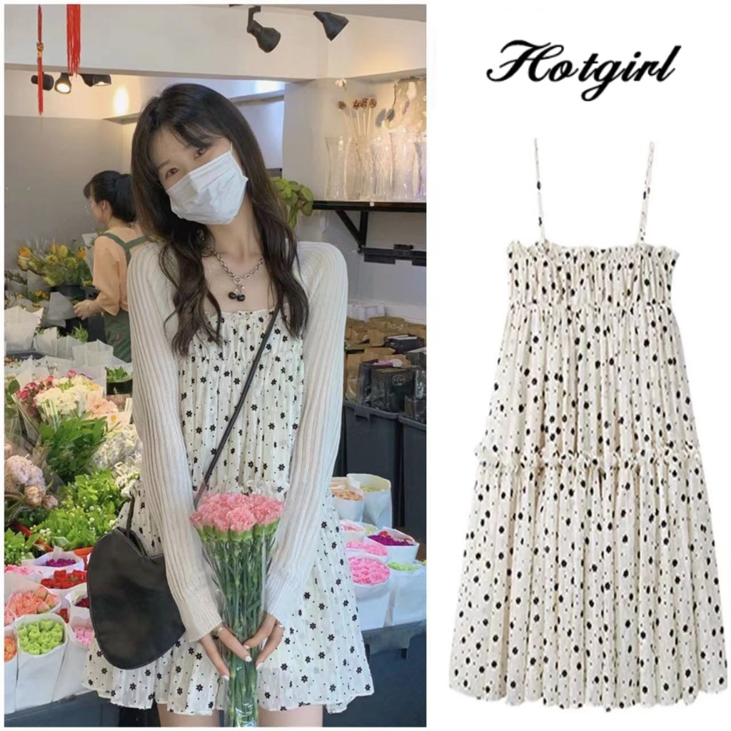 Hotgirl พร้อมส่ง เดรสลายดอกไม่มีแขน กระโปรงผ้าร่มจะหลวมเป็นพิเศษ ผ้ามีความระบายอากาศได้ดีและยืดหยุ่น น่ารักและใส่สบาย