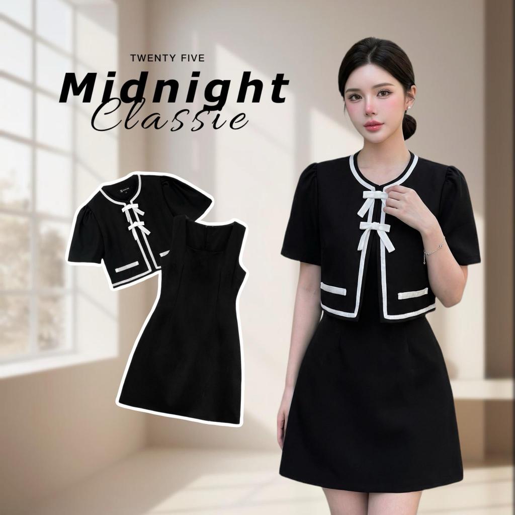 TWENTY FIVE มินิเดรสมีเสื้อคลุมแต่งโบว์กัมมะหยี่เข็มกลัด ชุดเดรสเสื้อคลุม