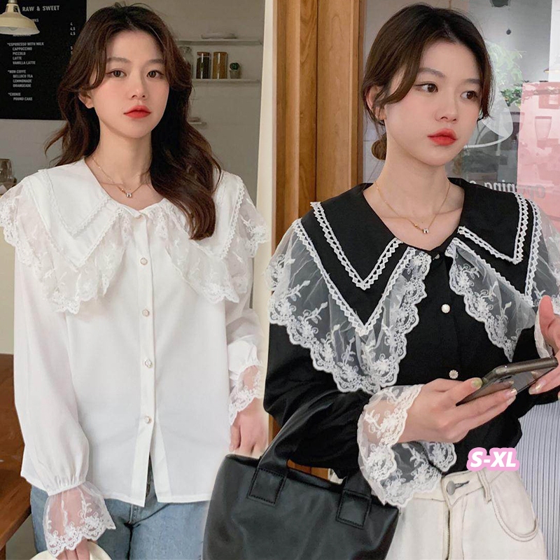 🌵Grace_chili🌵เสื้อเชิ้ตคอตุ๊กตาสไตล์เกาหลี ทรงหลวม แต่งลูกไม้ กระดุมแถวเดียว แขนยาว สำหรับผู้หญิง W685