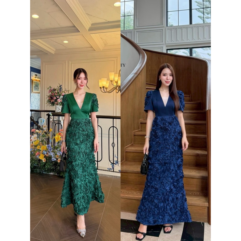 D1 งานป้าย Abigail Dress เดรสยาวหางปลาแต่งดอกกุหลาบ3D สำหรับผู้หญิง สาวอวบ เสื้อผ้าแฟชั่นผู้หญิง ไซส