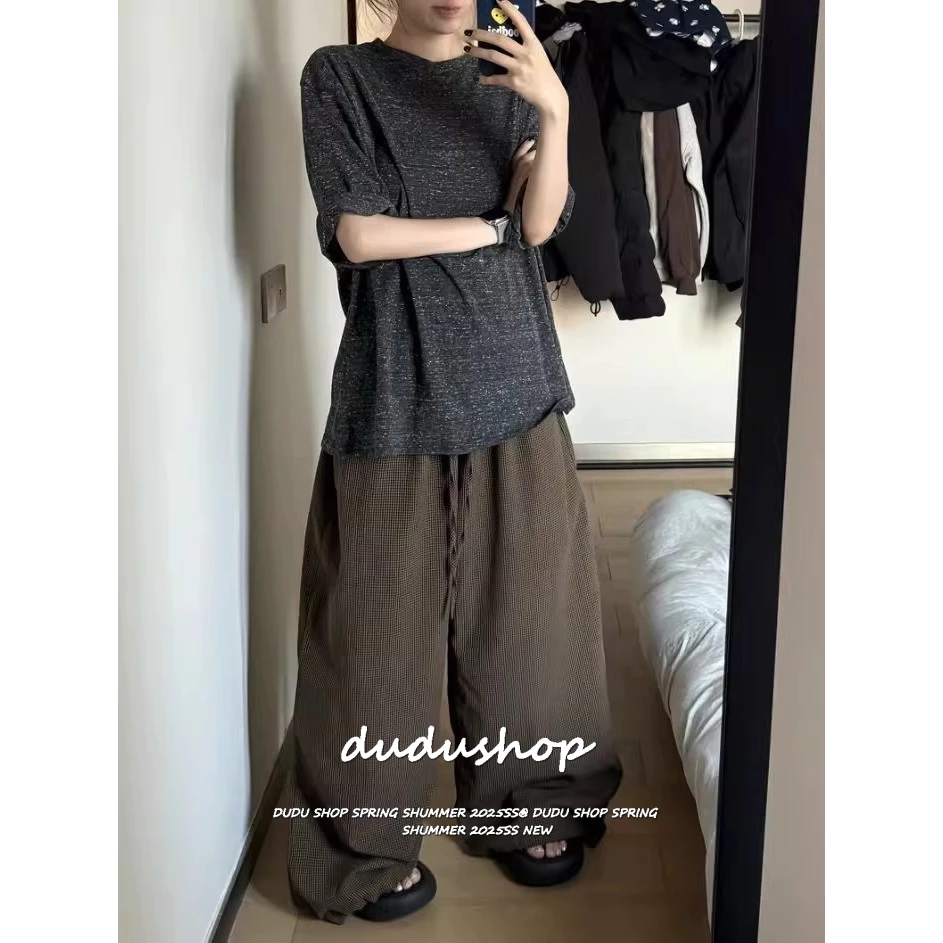 [Solid color casual wide-leg pants]ผู้หญิงเกาหลีรุ่นวินเทจลายสก๊อตสีทึบสบาย ๆ แจ๊สเต้นรำกางเกงขากว้าง