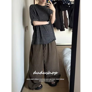 [Solid color casual wide-leg pants]ผู้หญิงเกาหลีรุ่นวินเทจลายสก๊อตสีทึบสบาย ๆ แจ๊สเต้นรำกางเกงขากว้าง