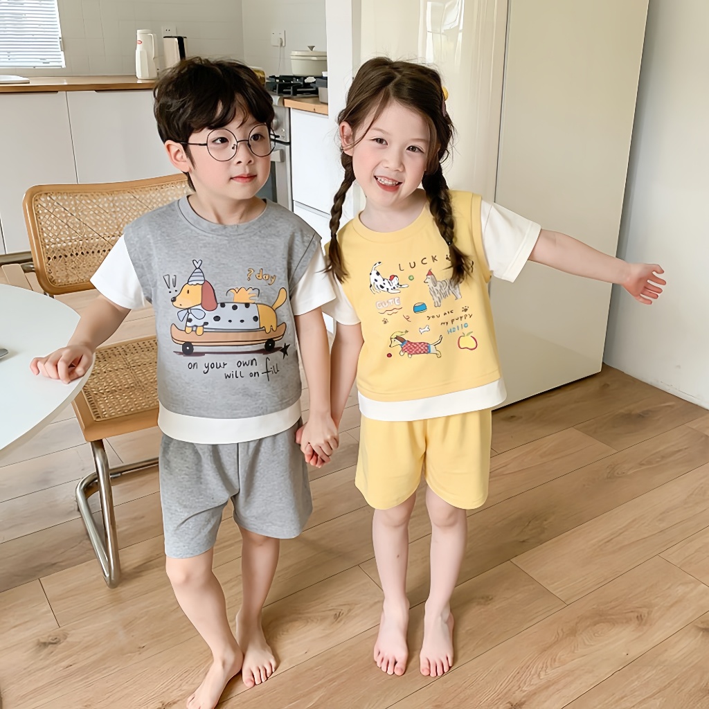 1-9 ปี ชุดเซ็ทเด็กแฟชั่น ชุดสองชิ้น เสื้อยืดคอกลม+กางเกงขาสั้น ลายการ์ตูนสุดน่ารัก วัสดุผ้าฝ้ายแท้ านุ่มใสสบายฯ