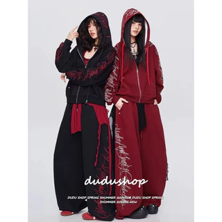 [Trendy casual two-piece set]ฮิปฮอปวินเทจพิมพ์เทรนด์ผู้หญิงเสื้อคลุมซิปและกางเกงขากว้าง