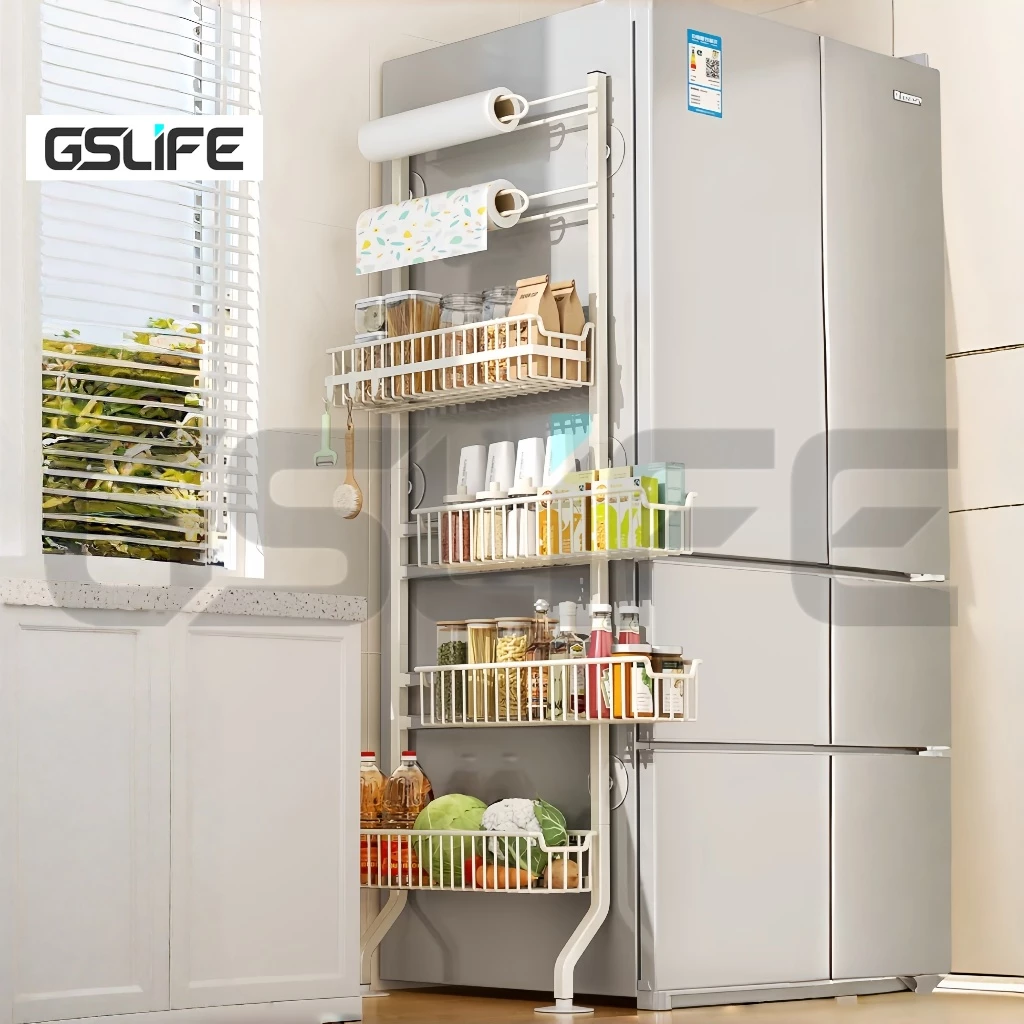 GSlife ชั้นวางของแคบๆ สำหรับจัดเก็บของข้างตู้เย็น ห้องนั่งเล่น ห้องน้ำ ห้องครัว ไม่ต้องเจาะรู ประหยัดพื้นที่