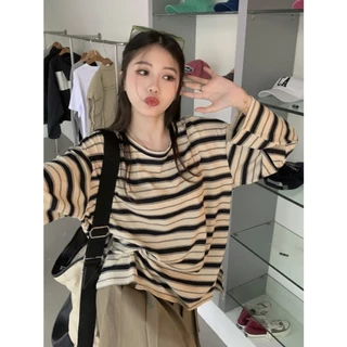 พร้อมส่งในไทย** เสื้อแขนยาวคอกลม เสื้อลายทางผ้านิ่ม ใส่ลำลอง Y304