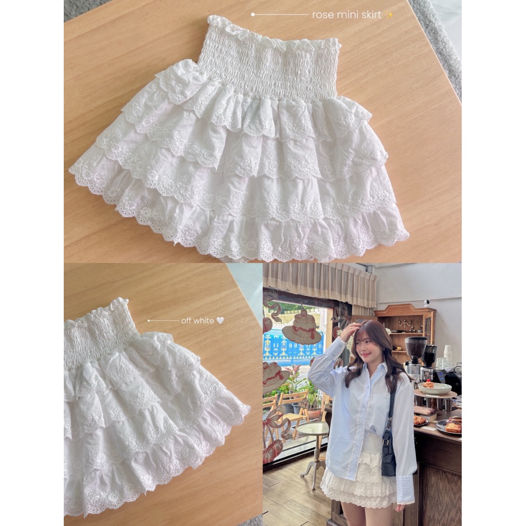 skirts014- rose mini skirt 🌺✨🤍 กระโปรงลูกไม้หลายชั้น