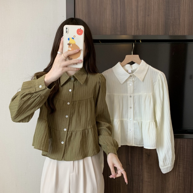 Red Berryเสื้อเชิ้ตแขนยาวผู้หญิงสำหรับฤดูใบไม้ร่วง ทรงไหล่ตรง ช่วยให้ดูผอมเพรียวและปกปิดหน้าท้องW697