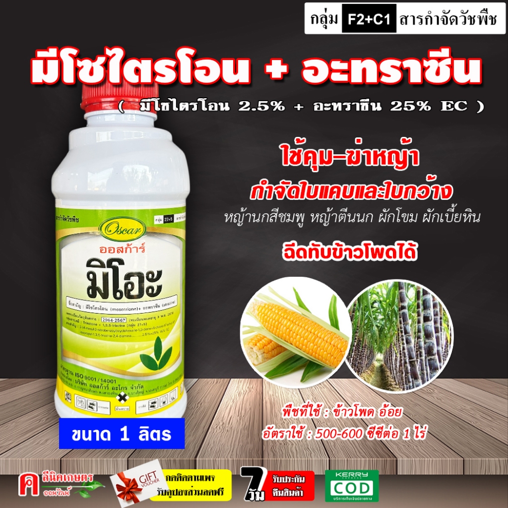 มิโอะ (1L) มีโซไตรโอน (mesotrione) 2.5%+อะทราซีน (atrazine) 25% คุมหญ้า กำจัดวัชพืชในไร่ข้าวโพด อ้อย