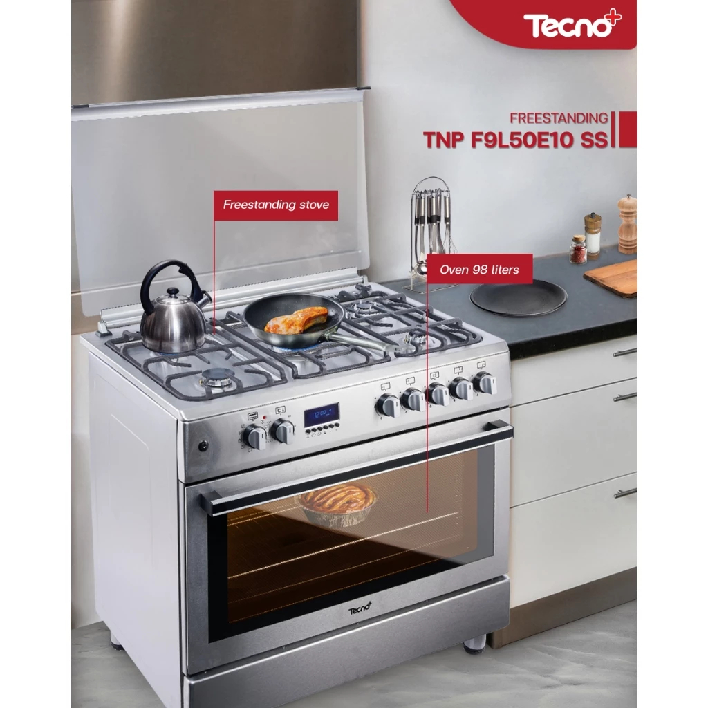 TECNOPLUS เตาตั้งพื้นระบบแก๊ส เตาแก๊ส 5 หัวเตา รุ่น TNP FS F9L50E10 SS แถมเครื่องดูดฝุ่น Camarcio VC