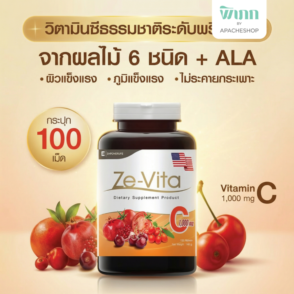 วิตามินซีธรรมชาติ Ze-Vita Vitamin C 1000mg จากผลไม้ 6 ชนิด + ALA เสริมภูมิคุ้มกัน ผิวแข็งแรง ไม่ระคา