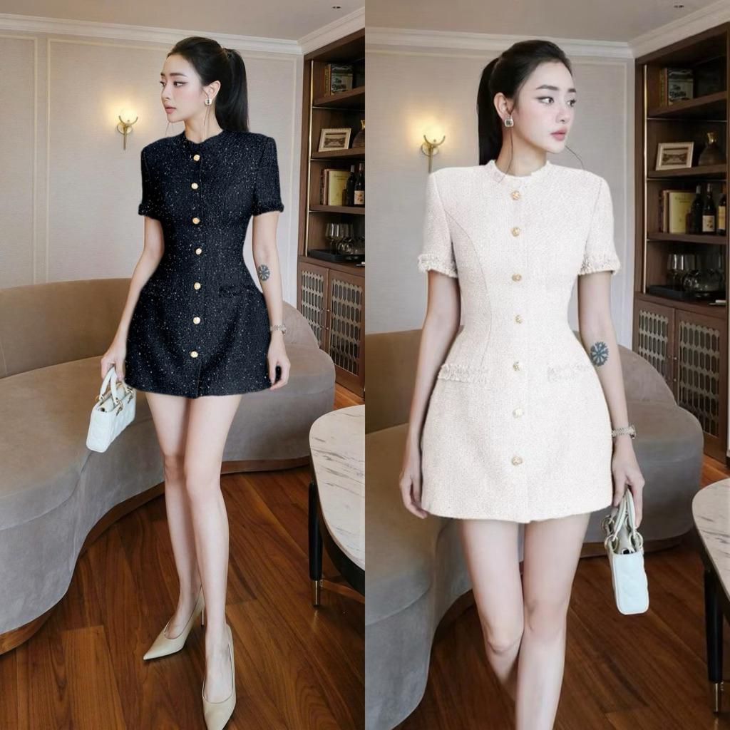 พร้อมส่ง•Swan•มินิเดรสผ้าทวิต แต่งตัดด้วยกระดุมหลอกสีทอง