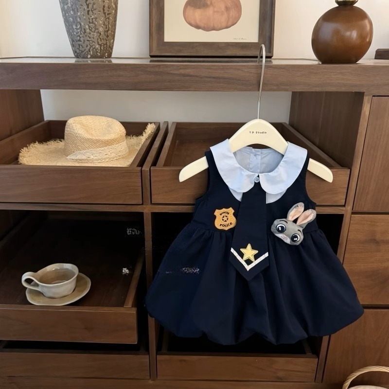 Little Piglet 🐷 พร้อมส่ง Dress ชุดกระโปรง แขนกุด เด็กหญิง สีฟ้า กรมท่า แฟชั่นเด็ก น่ารัก กระต่าย