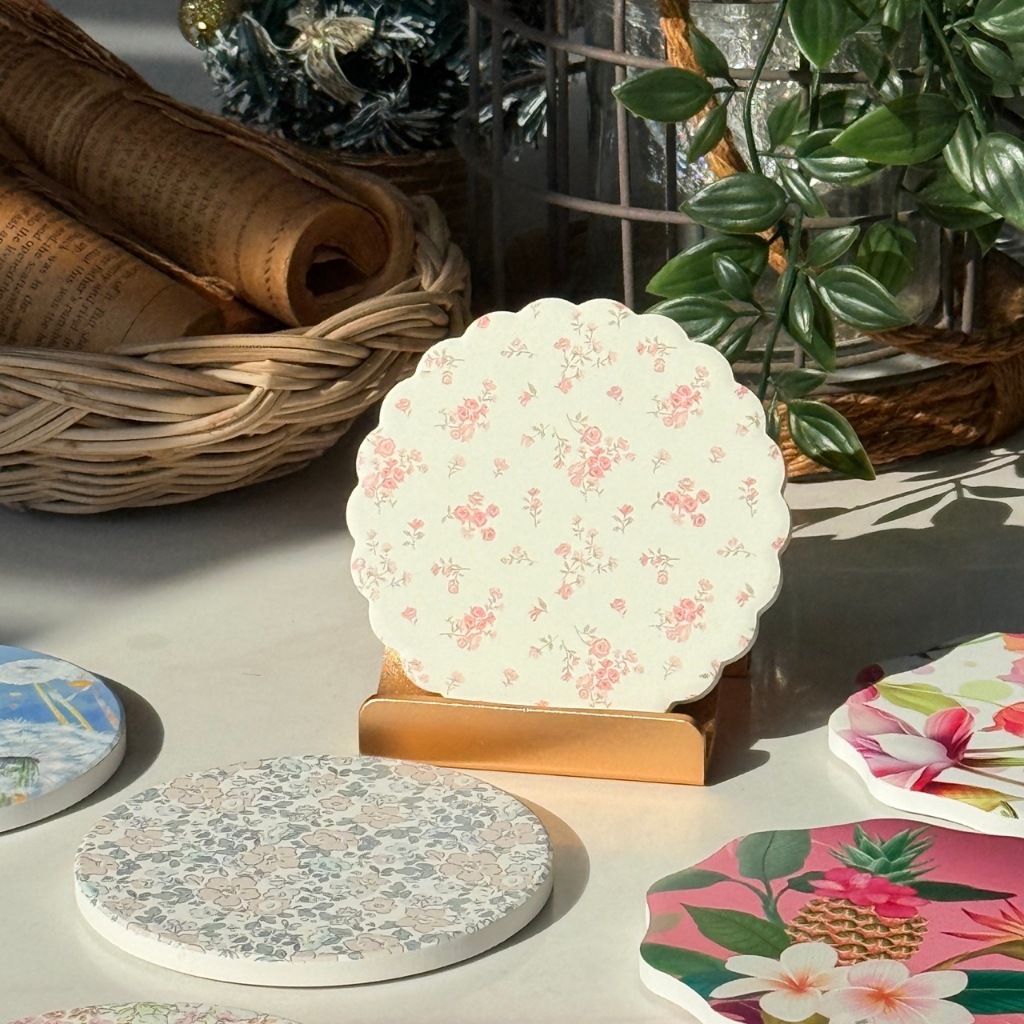 ที่รองแก้วลายดอกไม้ แผ่นหินซับน้ำ มีซองกระดาษทุกชิ้น