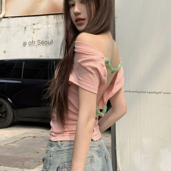 ❤sweet❤ผู้หญิง เซ็กซี่ เปลือยเปล่า แสดงผอม เสื้อแขนสั้น เสื้อยืด