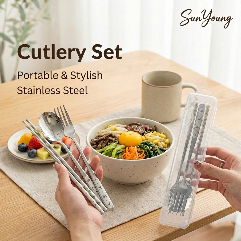 ชุดช้อนส้อมพกพา สแตนเลส 3 ชิ้น ลายโบว์ พร้อมกล่องใส่ ช้อนส้อมตะเกียบ หนา แข็งแรง สไตล์เกาหลี🎀