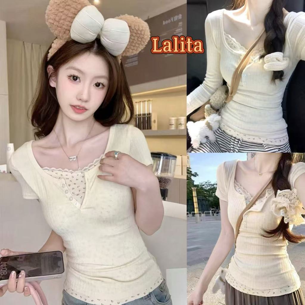 พร้อมส่ง เสื้อยืดแขนสั้นลายดอกไม้  คอกลม ดีไซน์ 2ชั้น เสื้อยืดผู้หญิง ใส่สบาย สาวอวบใส่ได้ Lalita