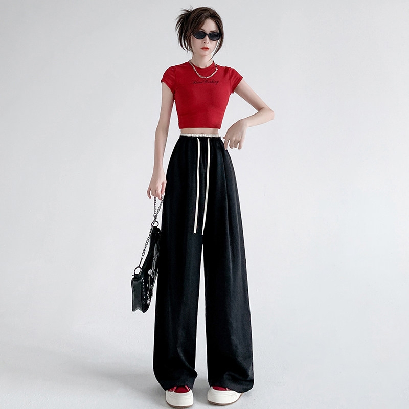 2026 ฤดูร้อนกางเกงผอมตรงผู้หญิงพื้นผิวอ่อนนุ่ม Splicing กีฬากางเกงขายาวลำลองกางเกงน้ำแข็งขากว้าง - รูปที่ 4