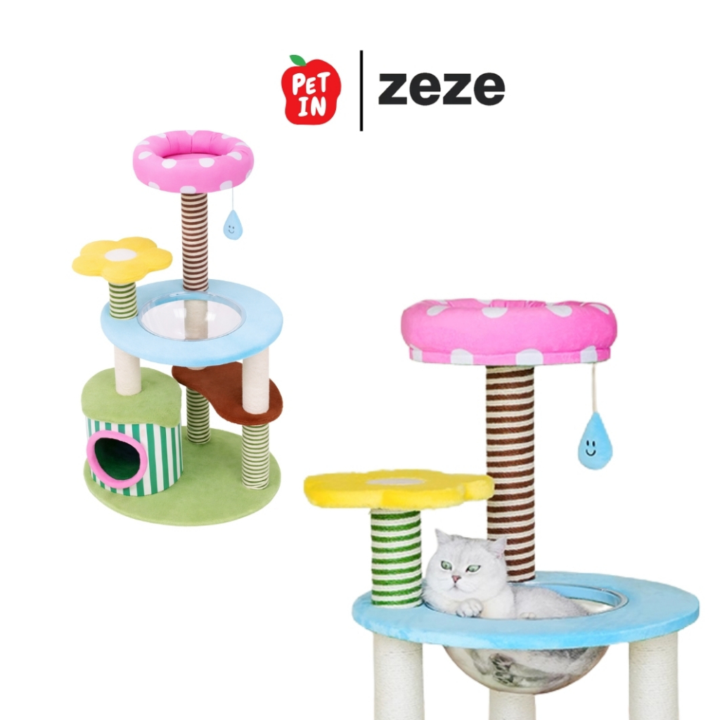Zeze คอนโดแมว ฟาร์มหลากสีสัน โครงปีนแมว เสาลับเล็บแมว บ้านแมว มีที่ลับเล็บแมวในตัว ขนาดใหญ่